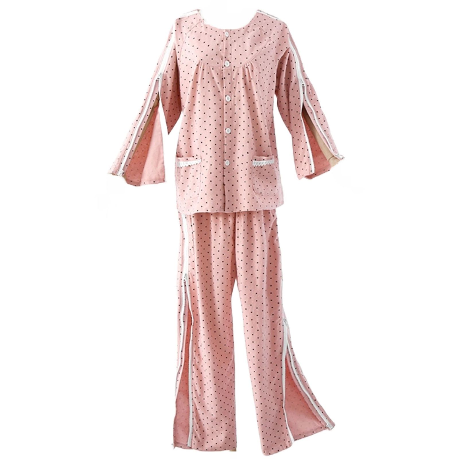 新品 [PIENSE] 介護用パジャマ フルオープン 女性用 介助パジャマ 寝たきり ファスナー レディース (JP アルファベット L LL レギュラー ピンクドットL)