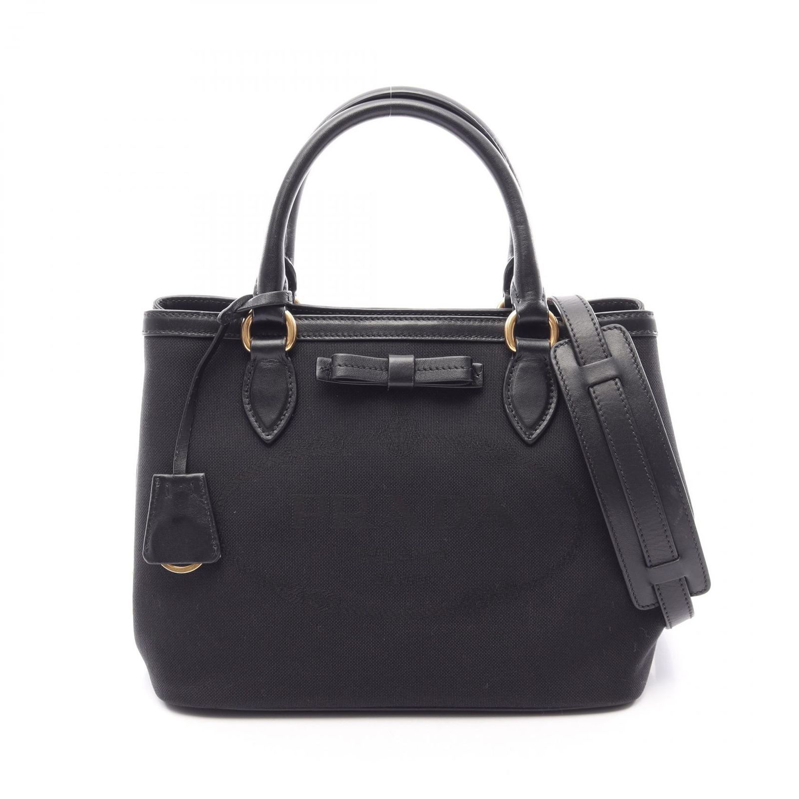 プラダ PRADA ハンドバッグ LOGO JACQUARD ロゴジャガード 2WAY ブラック キャンバス レザー ロゴジャガード リボン付 2wayハンドバッグ レディース Used A