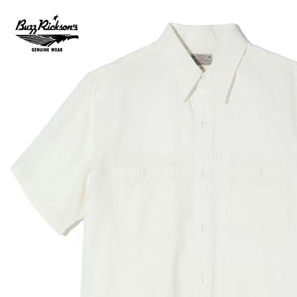 バズリクソンズ【BUZZ RICKSON'S】BR35857 / WHITE CHAMBRAY WORK SHIRT (SHOR T SLEEVE) シャツ シャンブレー 半袖 メンズ 無地 ポケット 日本製 ミリタリー