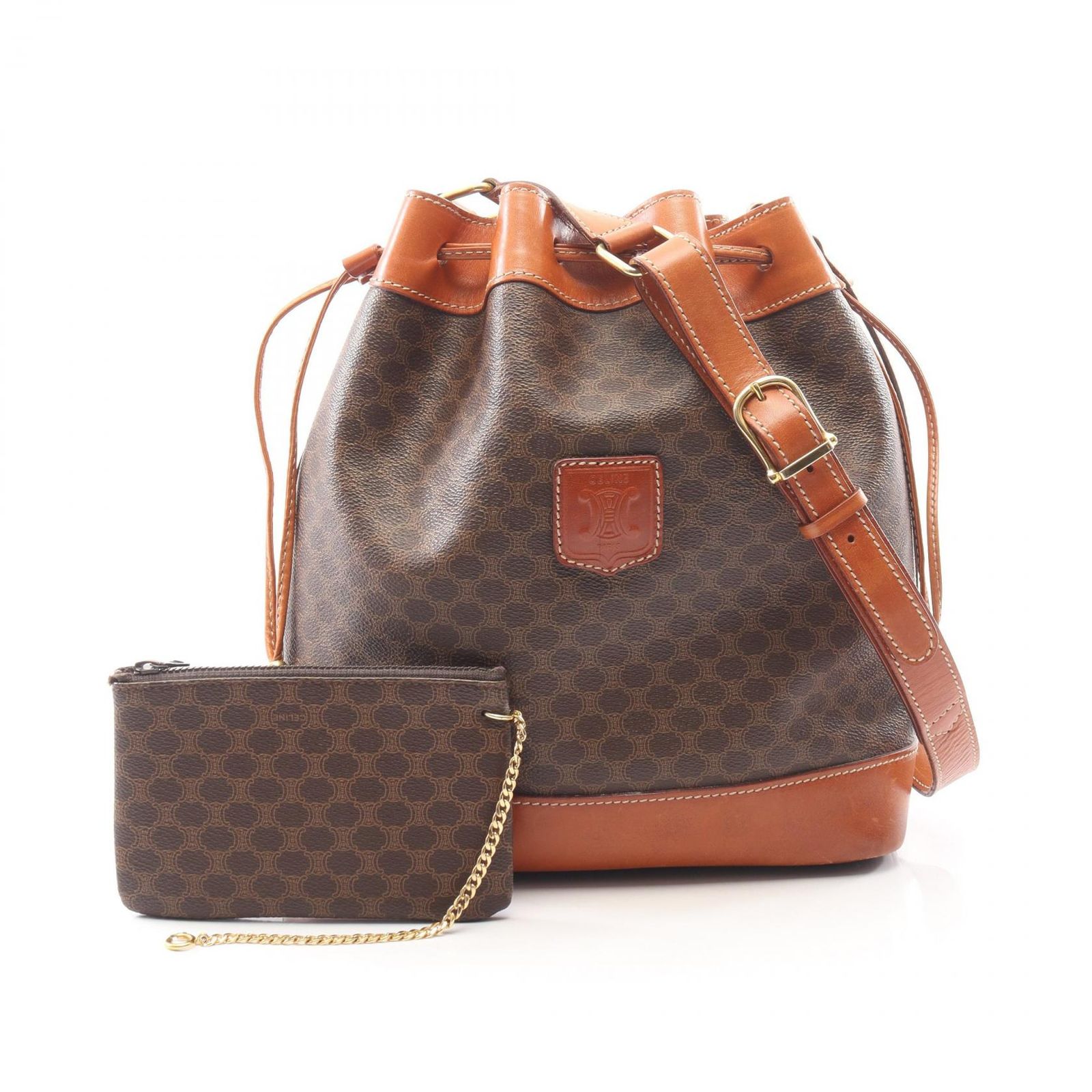 セリーヌ CELINE ショルダーバッグ マカダム ダークブラウン/ブラウン PVCコーティングキャンバス レザー マカダム バケット ショルダーバック レディース Used B