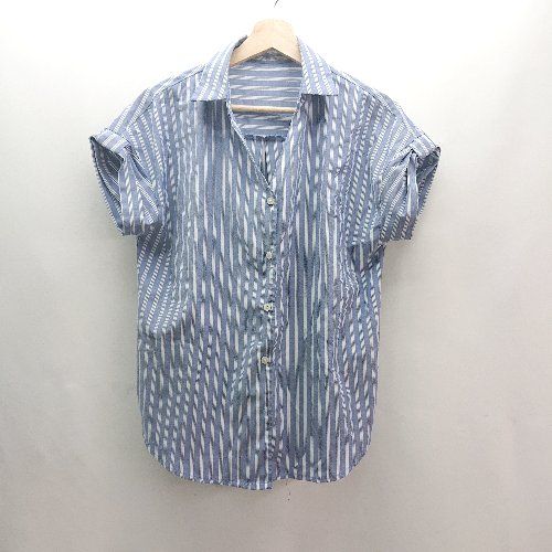 ◇ ViS ビス フロントボタン ストライプ柄 カジュアル シンプル フレンチ袖 シャツ サイズF ブルー ホワイト レディース E 【1310130028096】