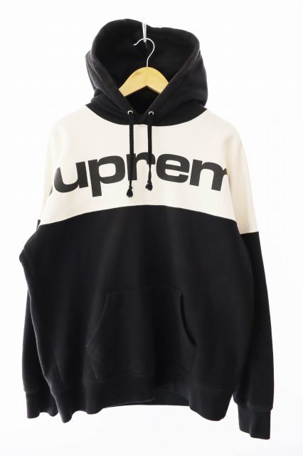 シュプリーム SUPREME 17AW Blocked Hooded Sweatshirt ブロックド ロゴ プリント バイカラー スウェット パーカー L ブラック ホワイト ブランド古着ベクトル 中古☆AA★260515