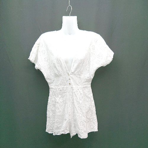 ◇ ZARA モロッコ製 ノンストレッチ バックジップ 半袖 チュニック サイズM ホワイト レディース E 【1310130048896】