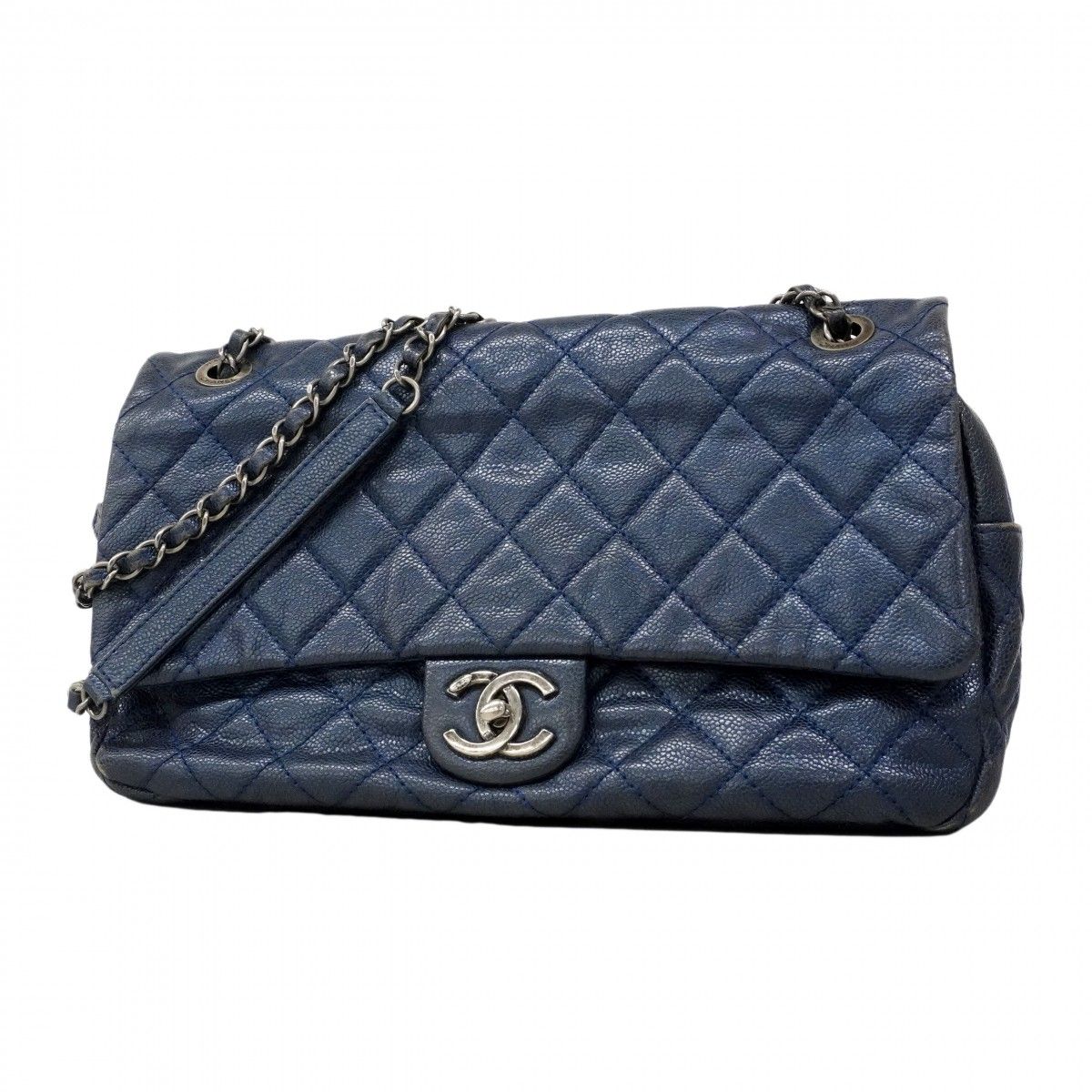 【6ec2345】シャネル ショルダーバッグ マトラッセ キャビアスキン ブルー シルバー金具【中古】レディース