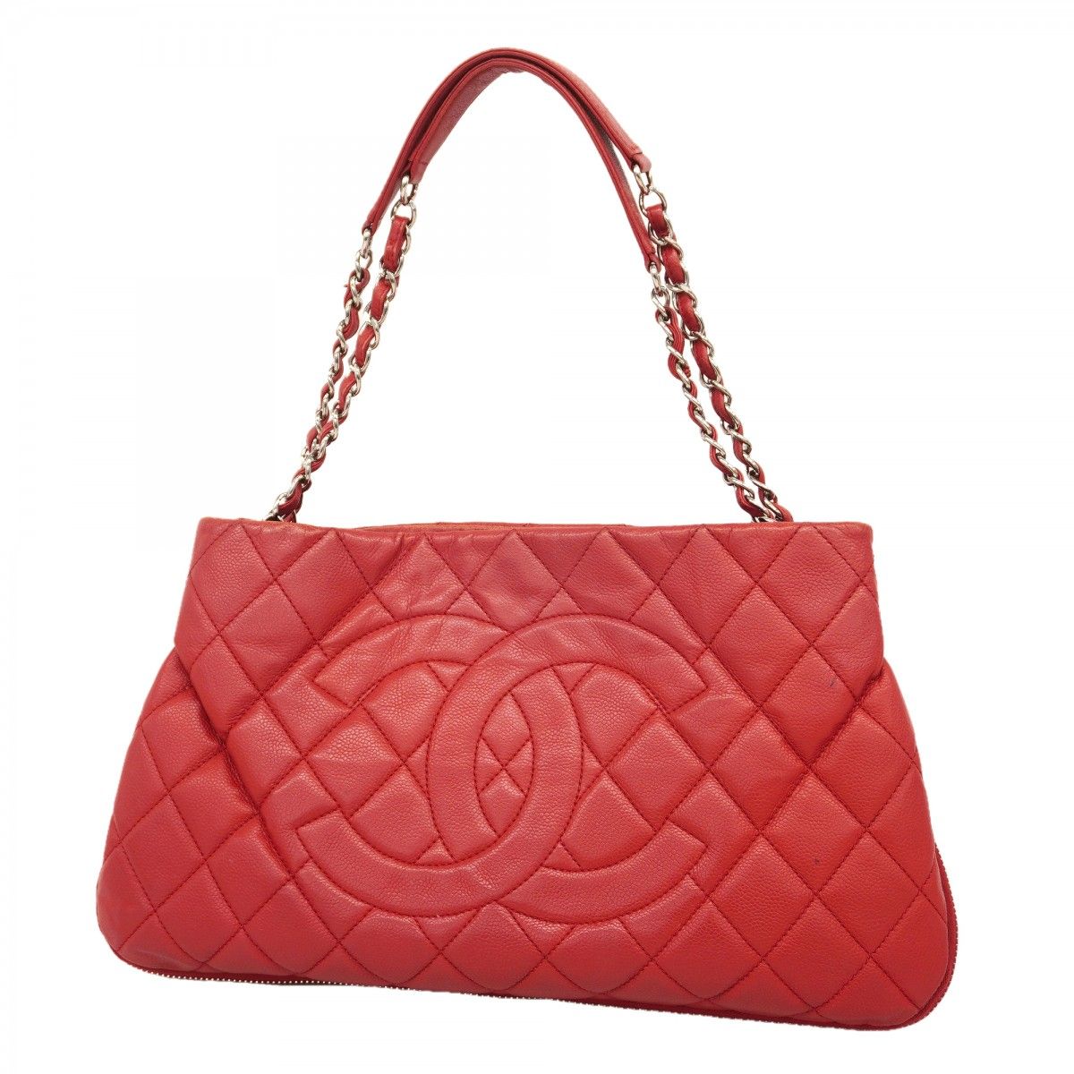 【6ec2438】シャネル チェーントート マトラッセ キャビアスキン レッド シルバー金具【中古】レディース