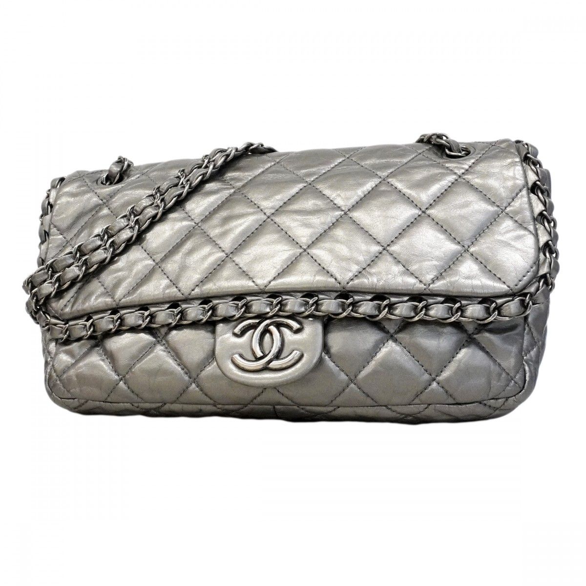 【6ec2467】シャネル ショルダーバッグ マトラッセ レザー シルバー シルバー金具【中古】レディース