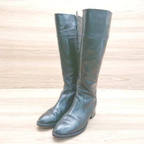 ■ MODE ET JACOMO manu シンプル 台形チャンキーヒール ストレッチ加工 ロング ブーツ サイズ22.5 ブラック レディース E 【1401220004295】