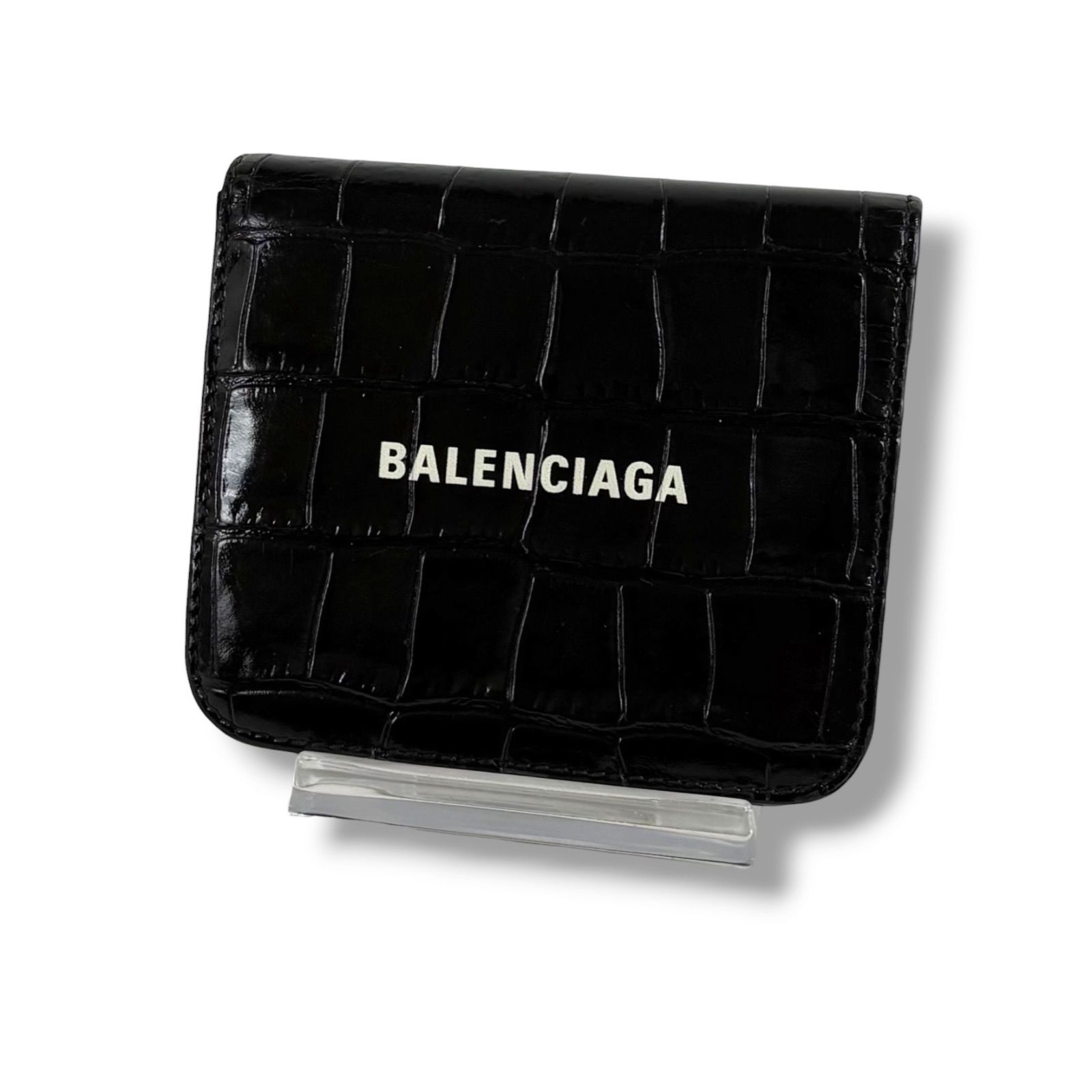 バレンシアガ　BALENCIAGA ロゴプリント　クロコ型押し　コンパクトウォレット　二つ折り財布　ブラック　黒