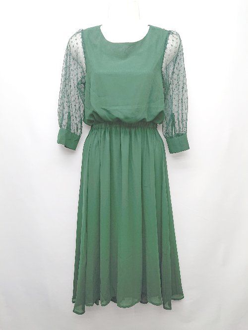◇ Lace Ladies レースレディース 透け感 レース ドット 切替 七分袖 膝下丈 ワンピース グリーン レディース P 【1402270018904】