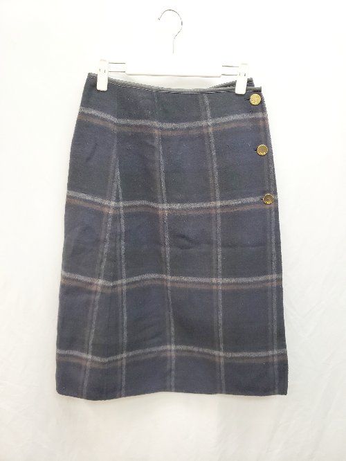◇ ROPE' ロペ ウール タータンチェック 膝下丈 Aライン スカート サイズ36 ネイビー マルチ レディース P 【1404250012636】