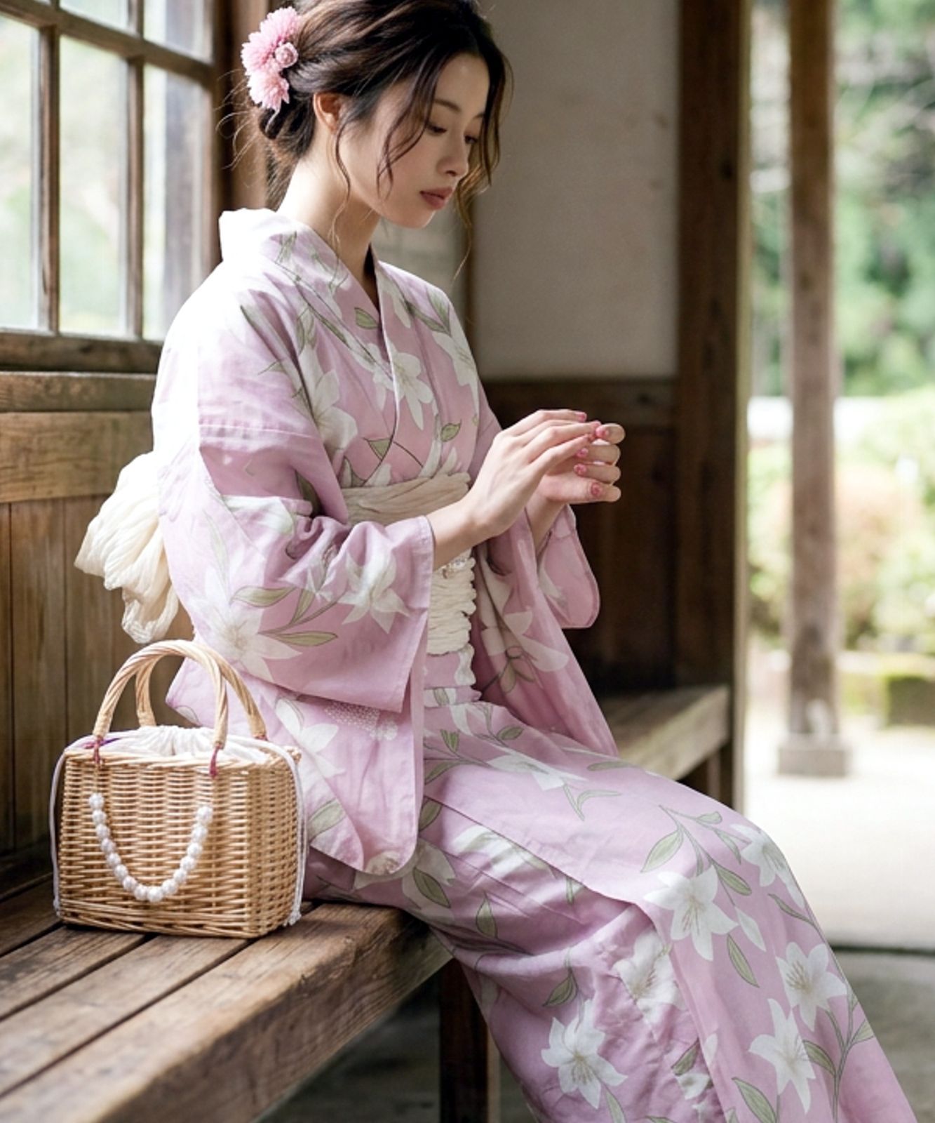 2026年販売開始！涼百合ピンク【F】簡単！1人で着れる綿 セパレート浴衣3点セット（二部式浴衣+帯）/セパレート浴衣 浴衣セット 夏着物 綿100% レディース 二部式 セパレート 和服 和装 花火大会 夏祭り 盆踊り フリーサイズ