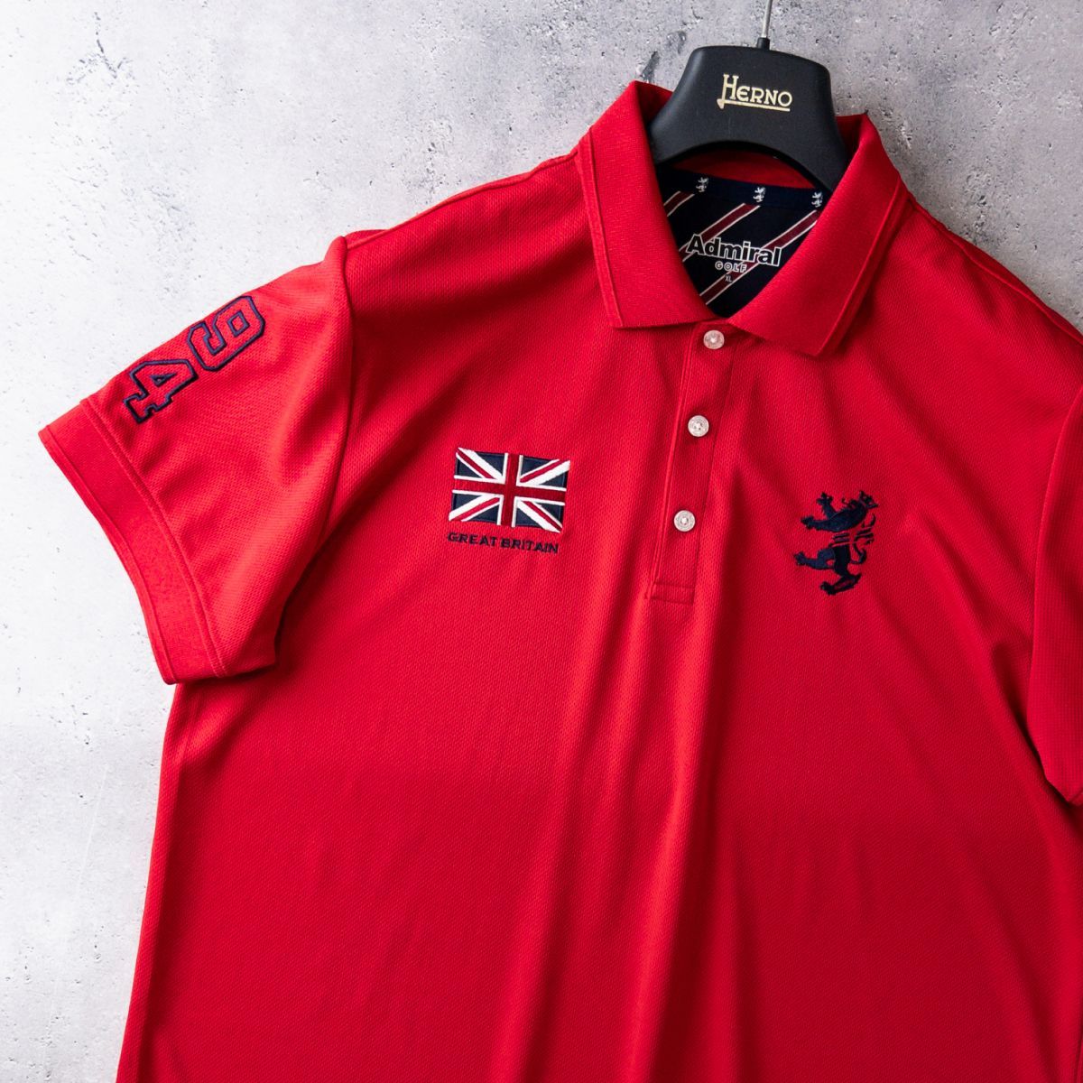 美品 Admiral GOLF アドミラル ゴルフ 吸汗速乾 ストレッチ 半袖 ポロシャツ メンズ XL レッド ユニオンジャック ランパント刺繍 フラッグ