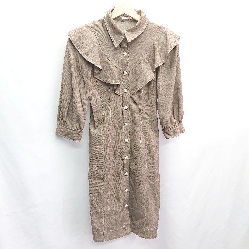 ◇ WILLSELECTION ウィルセレクション 綺麗め フリル カジュアル 七分袖 膝丈 ワンピース サイズM ブラウン レディース E 【1406050055769】