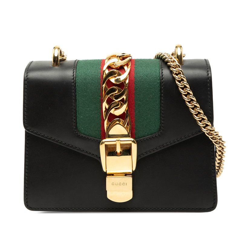 グッチ シェリーライン シルヴィ 斜め掛け チェーン ショルダーバッグ 431666 ブラック レザー レディース GUCCI【1-0267237】