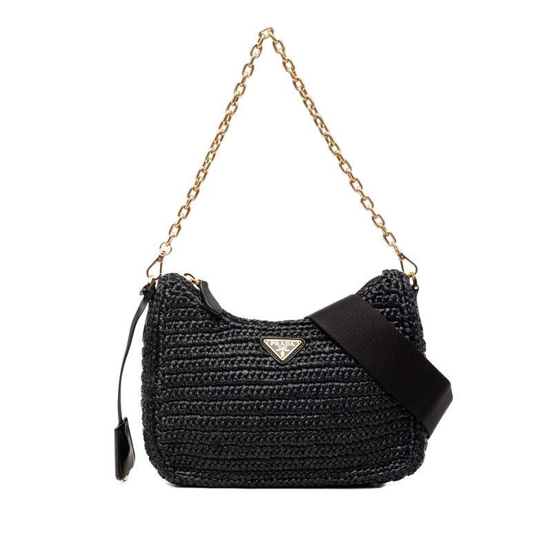 プラダ 三角ロゴプレート リエディション2005 チェーン ショルダーバッグ ブラック ラフィア レディース PRADA【1-0267286】