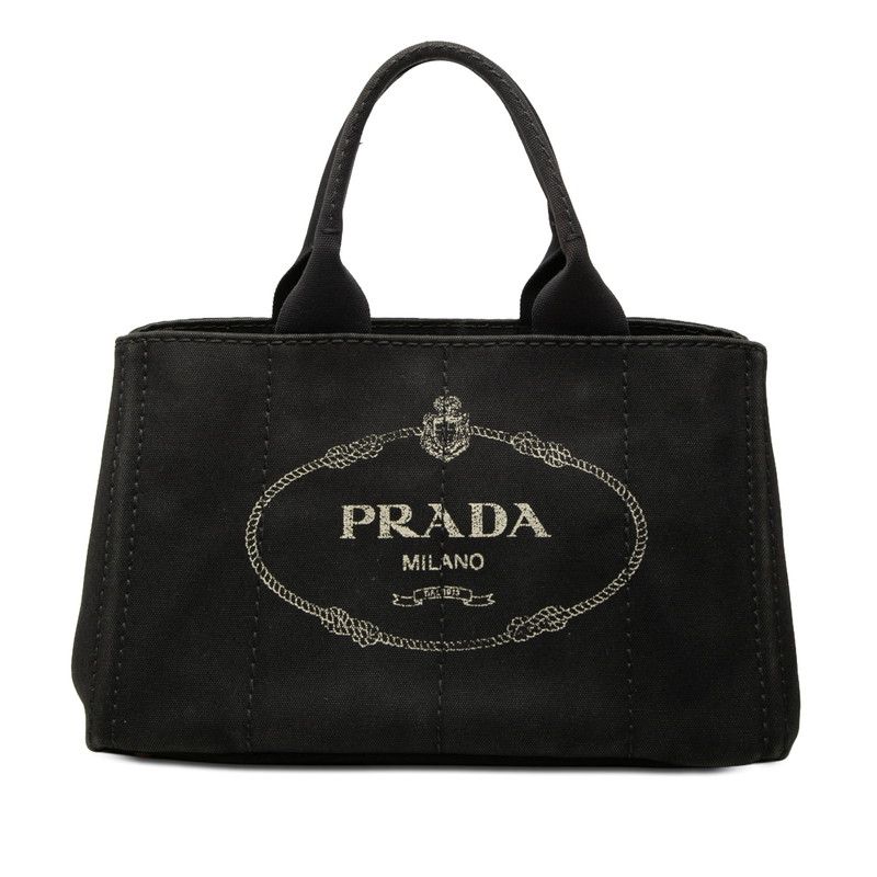 プラダ 三角ロゴプレート カナパ ミディアム ハンドバッグ トートバッグ ブラック キャンバス レディース PRADA【1-0267371】