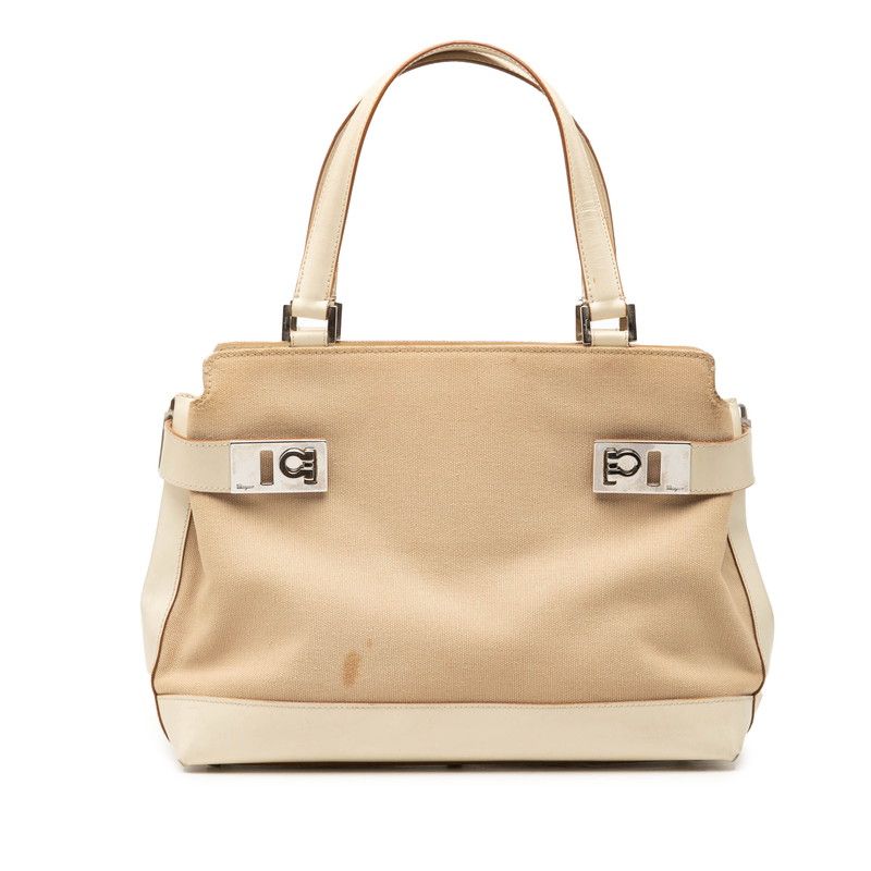 サルヴァトーレフェラガモ ガンチーニ ハンドバッグ AQ-21 0198 ベージュ クリーム キャンバス レザー レディース Salvatore Ferragamo【1-0269304】