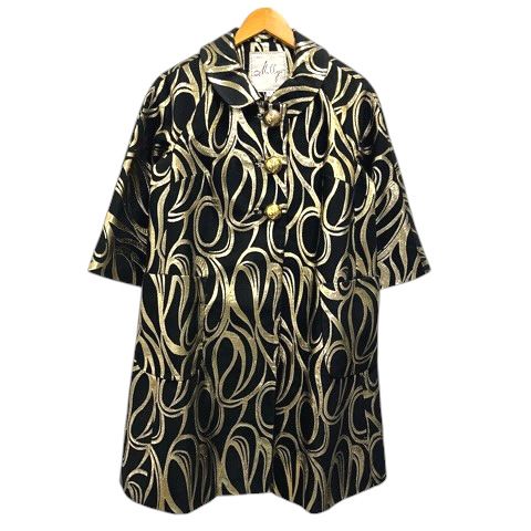 ミリー milly コート ジャケット ラグランスリーブ 七分袖 膝丈 総柄 6 黒 ブラック ゴールド