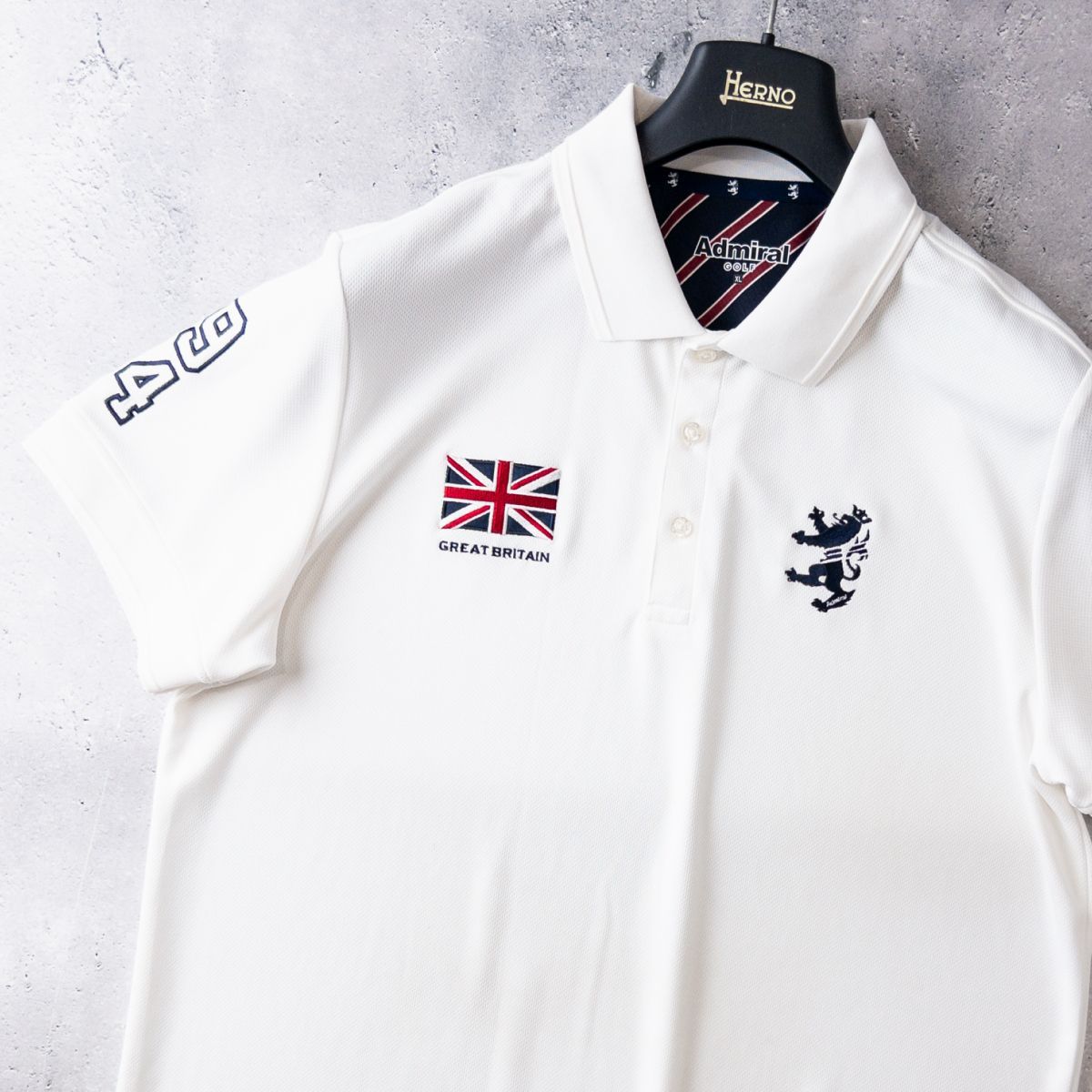 Admiral GOLF アドミラル ゴルフ 吸汗速乾 ストレッチ 半袖 ポロシャツ メンズ XL ホワイト 白 ユニオンジャック ランパント刺繍 フラッグ