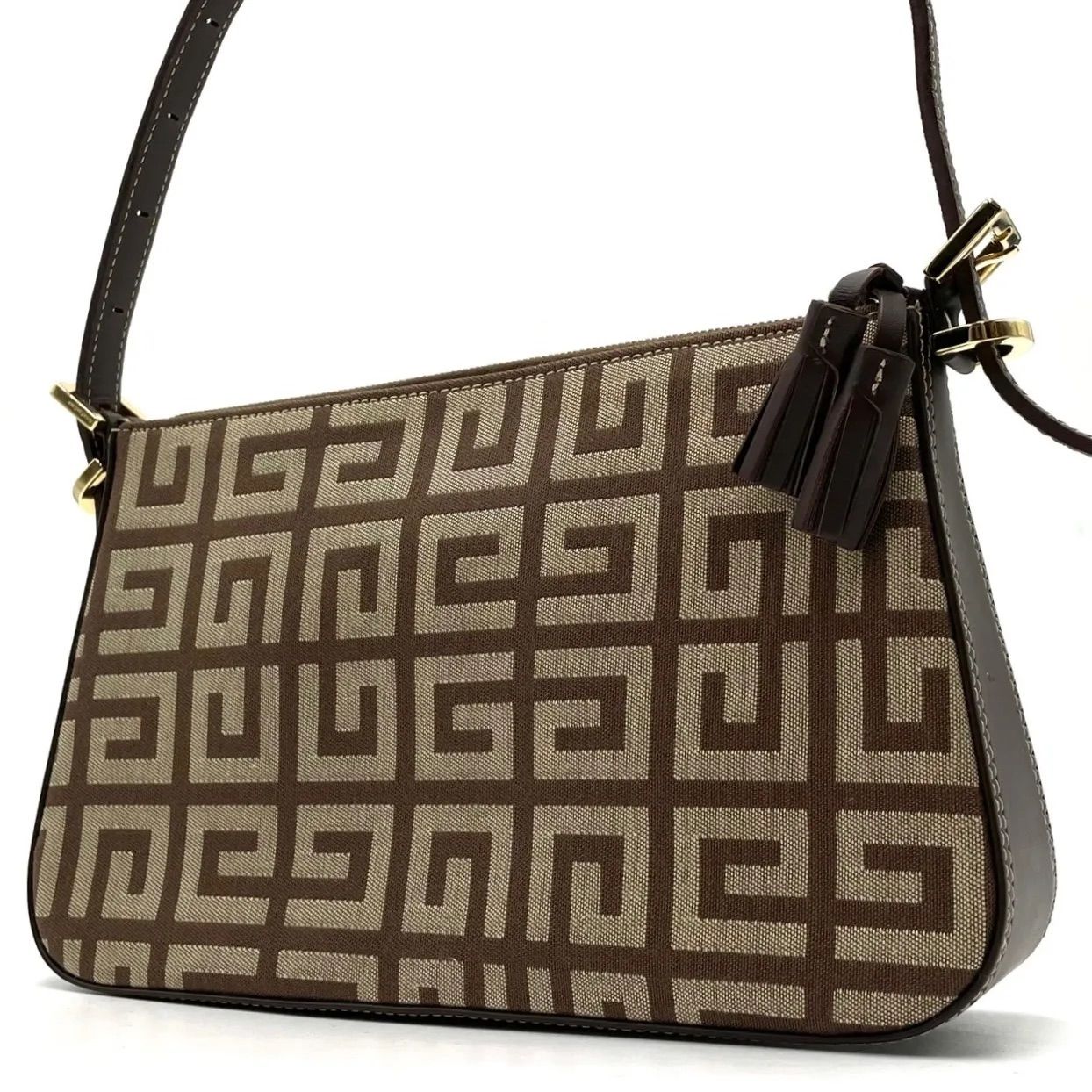 極美品● GIVENCHY ジバンシー ハンドバッグ ショルダーバッグ ワンショルダー アクセサリーポーチ 4G ロゴ キャンバス レザー ブラウン