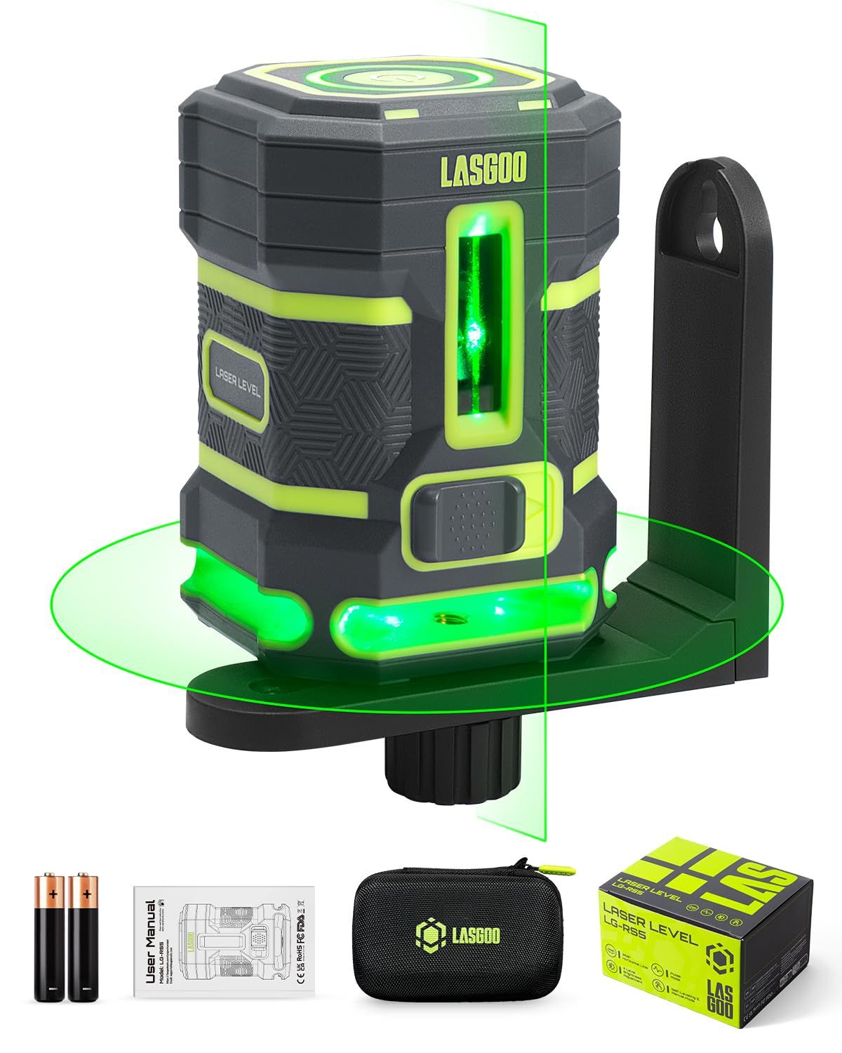 LASGOO グリーンレーザーレベル セルフレベリング、360°水平レーザー、垂直レーザーライン、4輝度レベル パルスモード 床タイル壁工事用、Lブラケット、バッテリー、キャリーバッグ付きso b3af48a7