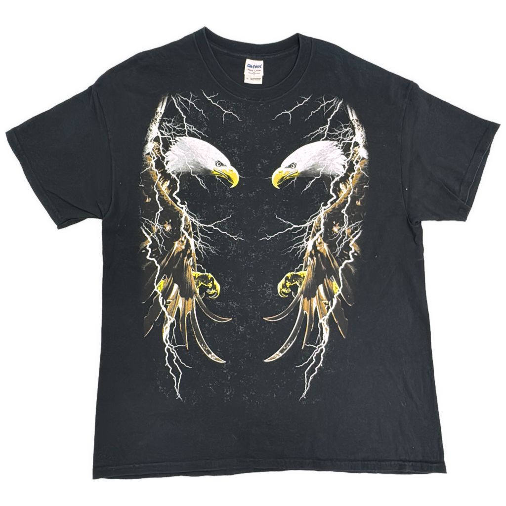 00年代 アニマルプリント イーグル サンダー 半袖Ｔシャツ ブラック(メンズ XL)中古 古着 Y1094