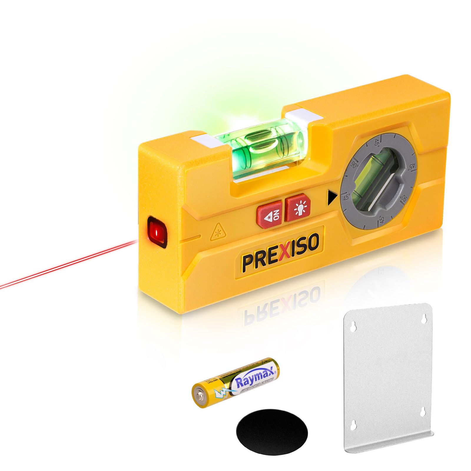PREXISO ミニレベル ミニ水平器 レーザー水平器 ミニレーザーレベル 水準器 水平気泡管 ダイヤル式気泡管 傾斜計 22.5°45°67.5°90°角度計測 120mm コンパクト マグネット ライト 鉄製壁掛け板 粘着性ジェルパッド付 a5f0b819