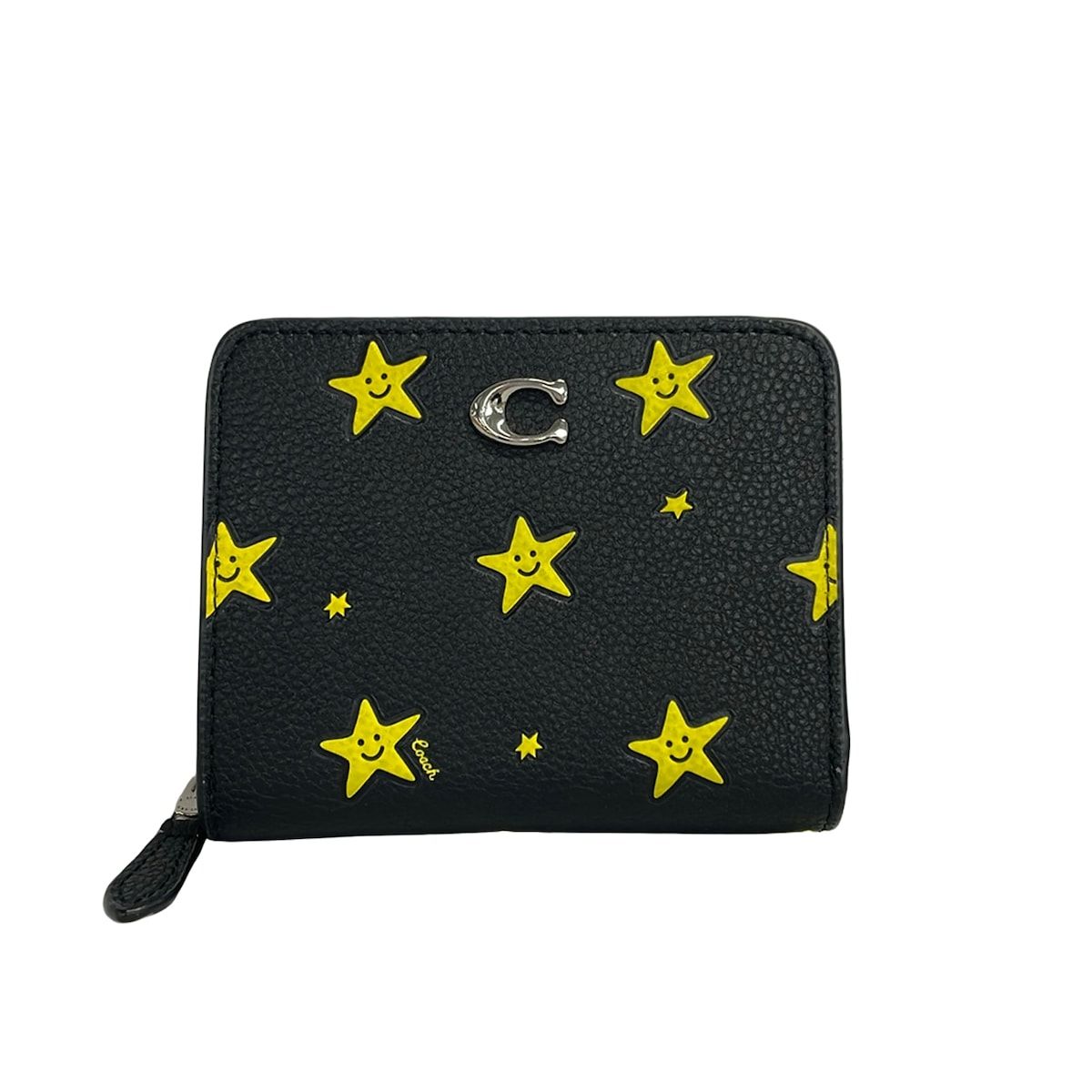 COACH(コーチ) 2つ折り財布 - CN611 黒×イエロー 星柄/ラウンドファスナー レザー