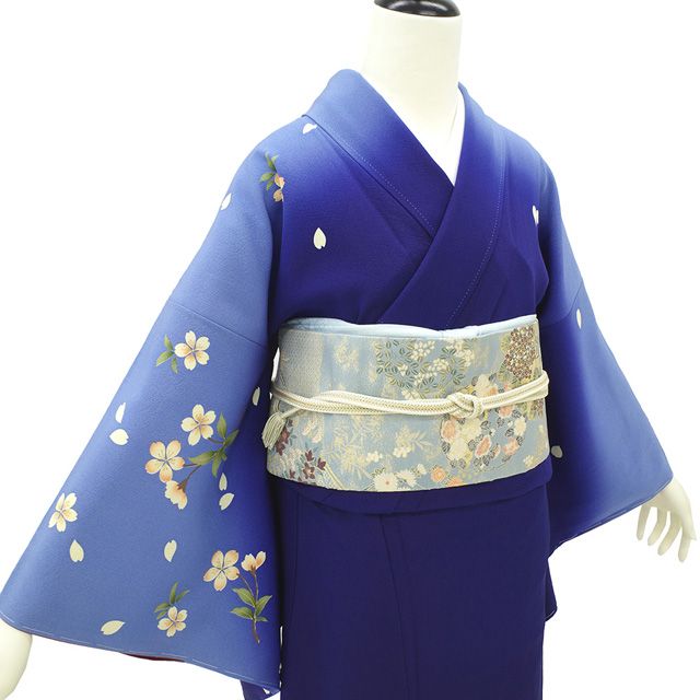 新古品】 訪問着 手描き友禅 着物 未使用 フォーマル 正絹 袷 青紺 水色 桜