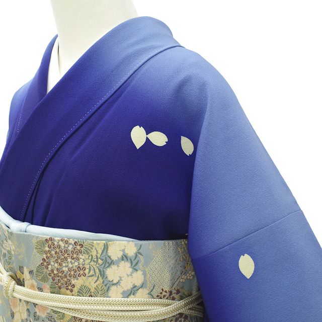新古品】 訪問着 手描き友禅 着物 未使用 フォーマル 正絹 袷 青紺 水色 桜