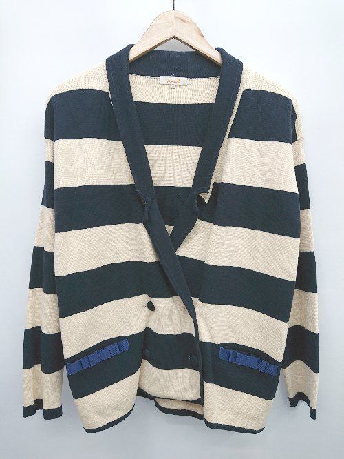 ◇ Wallamanda ワラマンダ ボーダー 長袖 コットン ニット ジャケット サイズ38 ベージュ ネイビー レディース P 【1406180037055】