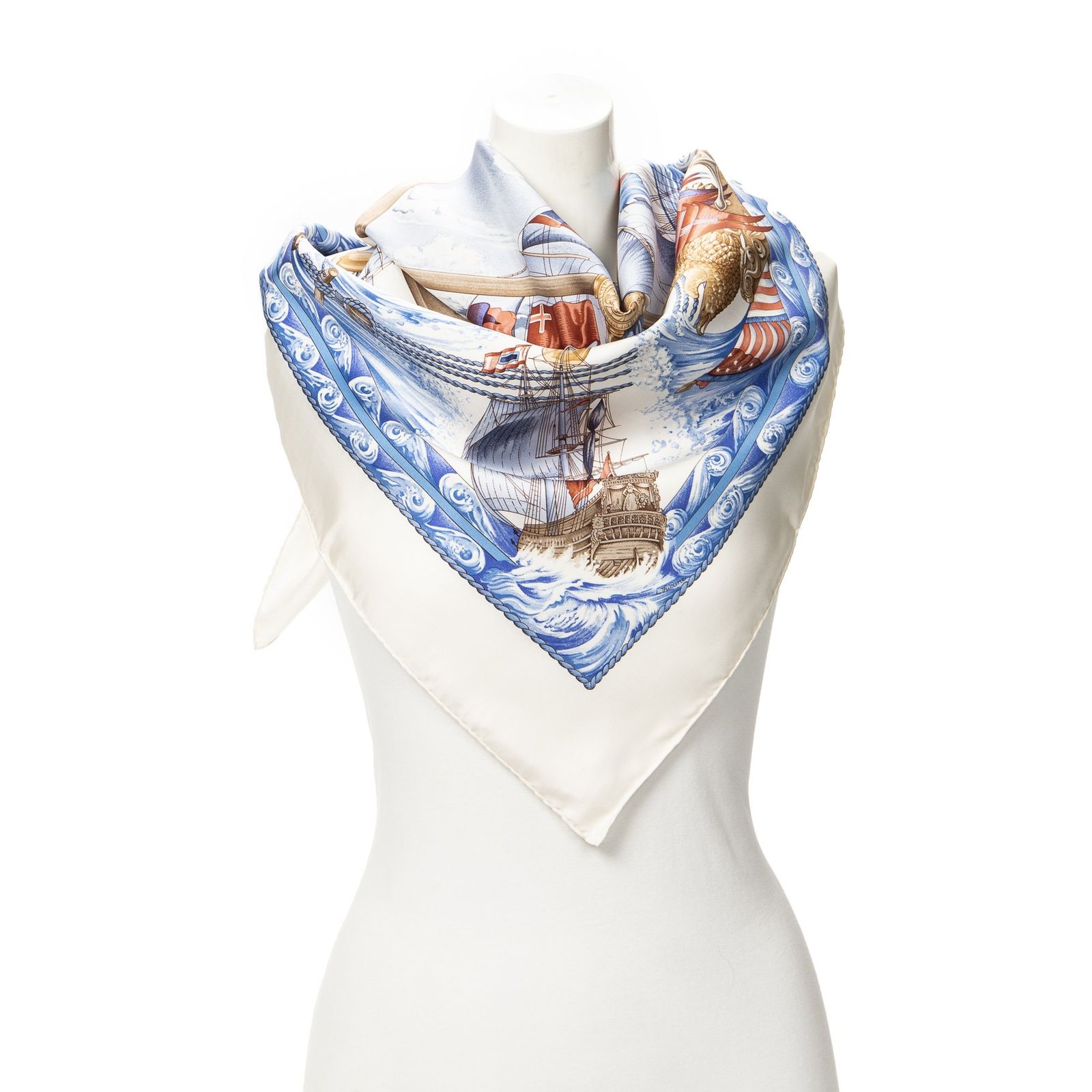 [中古] HERMES エルメススカーフアイボリー、水色、茶色100% ツイルシルクA