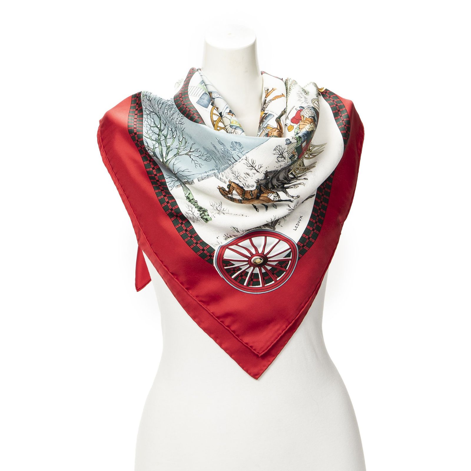 [中古] HERMES エルメススカーフ赤、アイボリー、緑100% ツイルシルクA