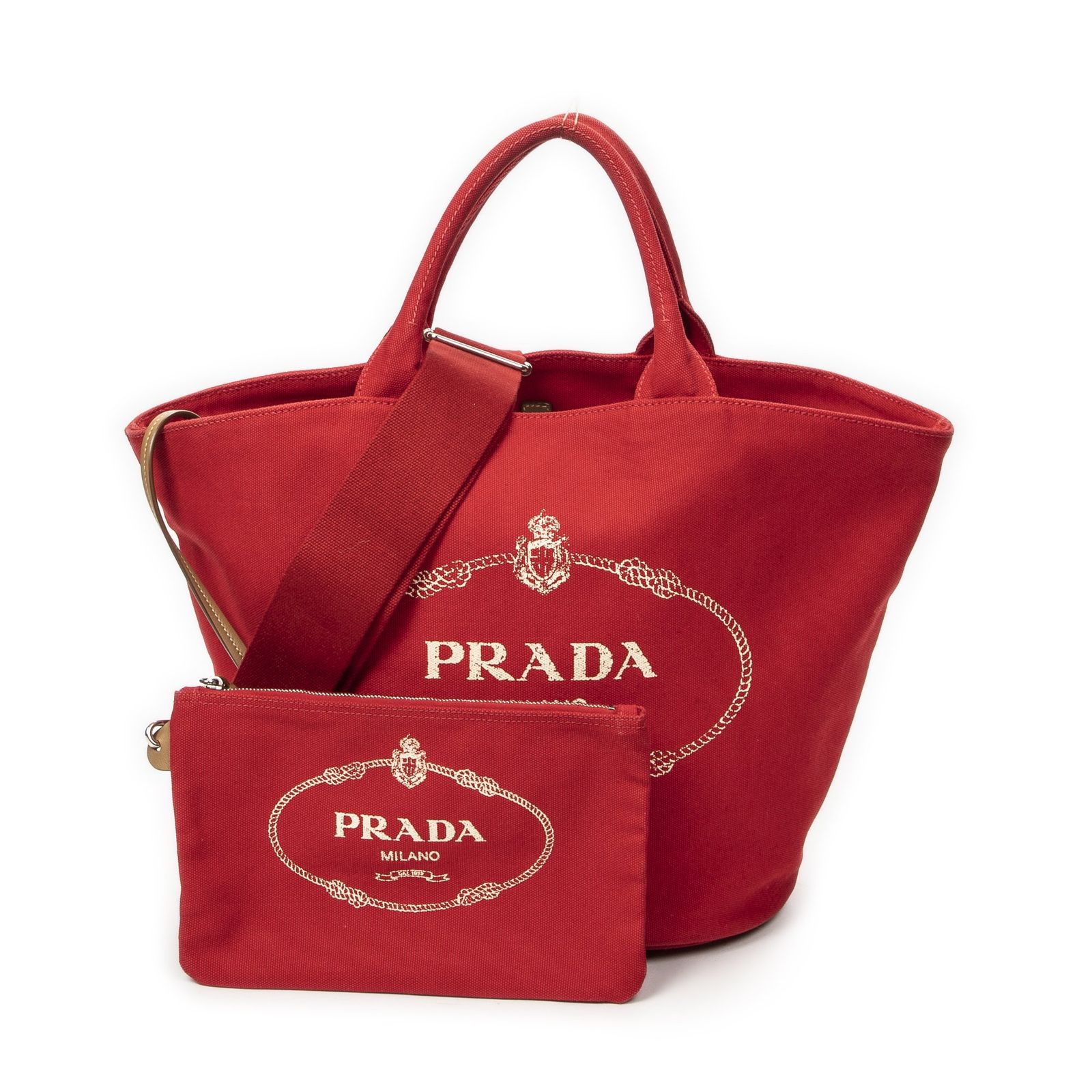 [中古] PRADA プラダカナパ バケットトート赤カナパキャンバスA