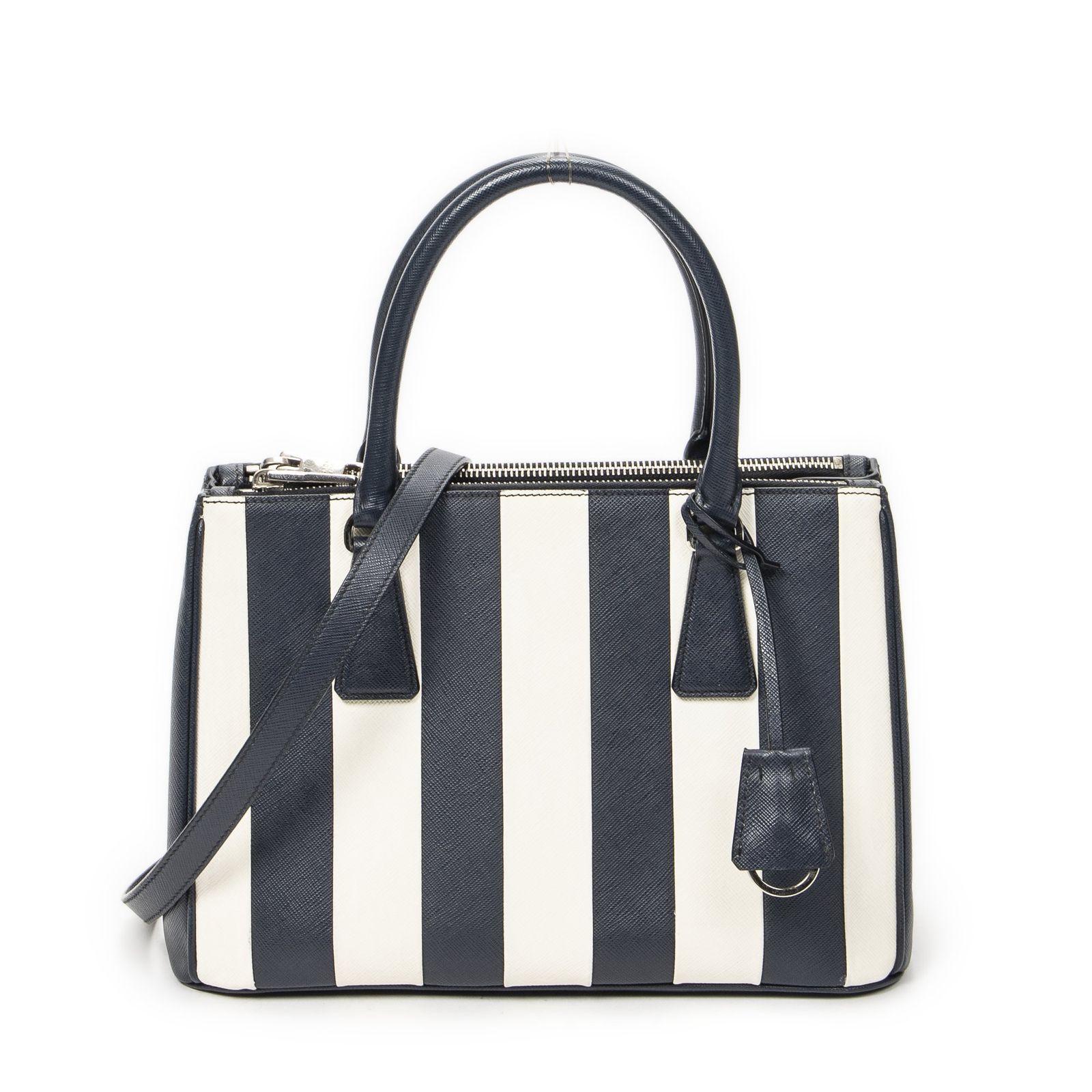 [中古] PRADA プラダラージダブルジップ ガレリア トートネイビー、白サフィアーノレザーA