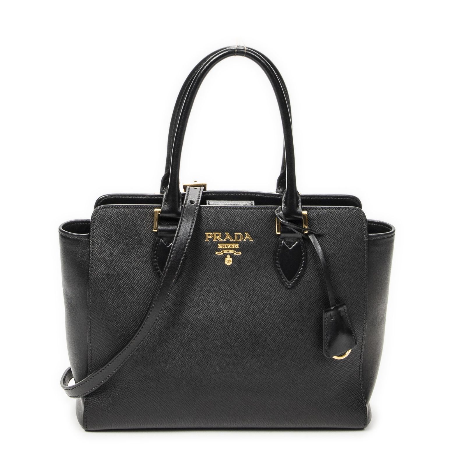 [中古] PRADA プラダコンバーチブルトート黒サフィアーノレザーA