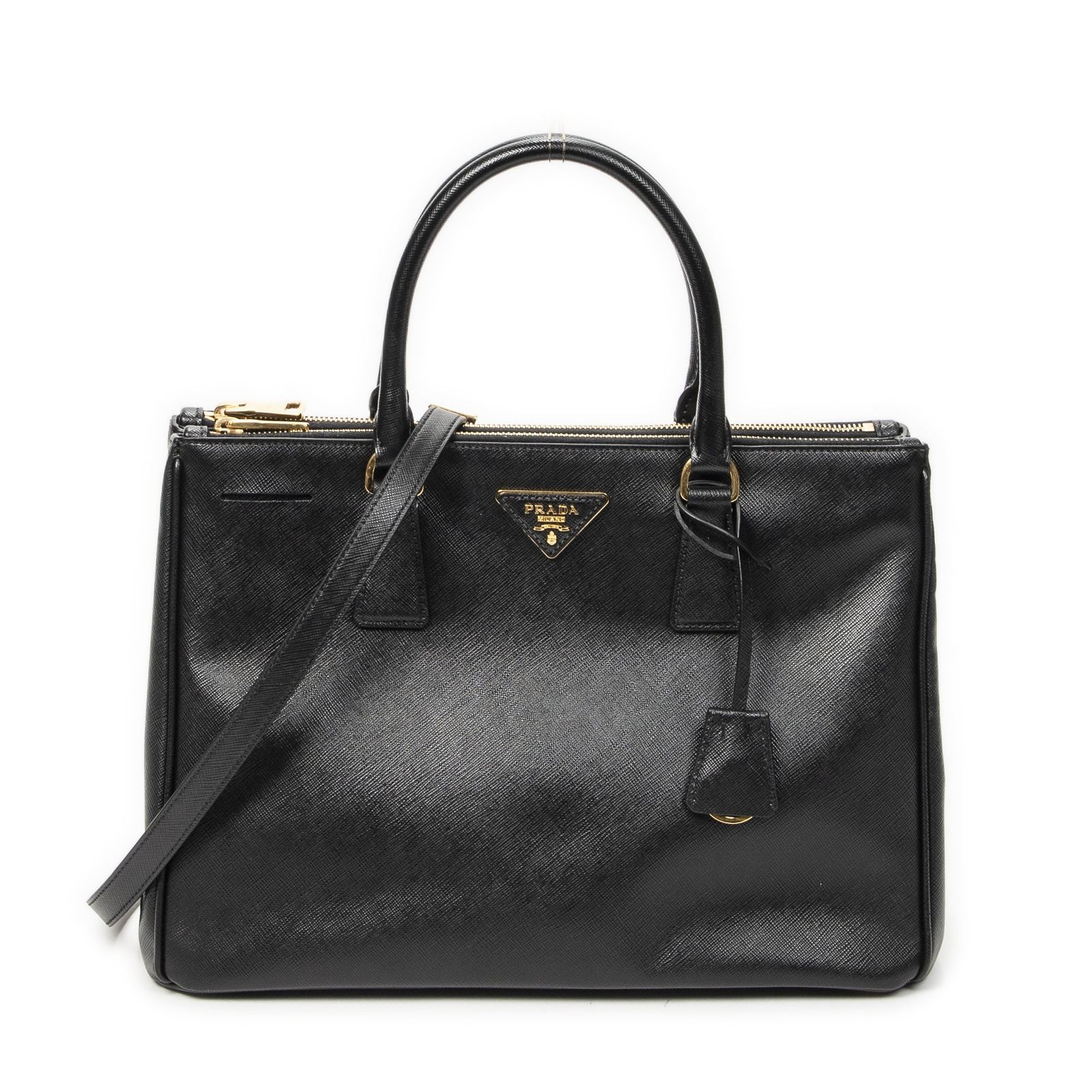 [中古] PRADA プラダラージダブルジップ ガレリア トート黒サフィアーノレザーA