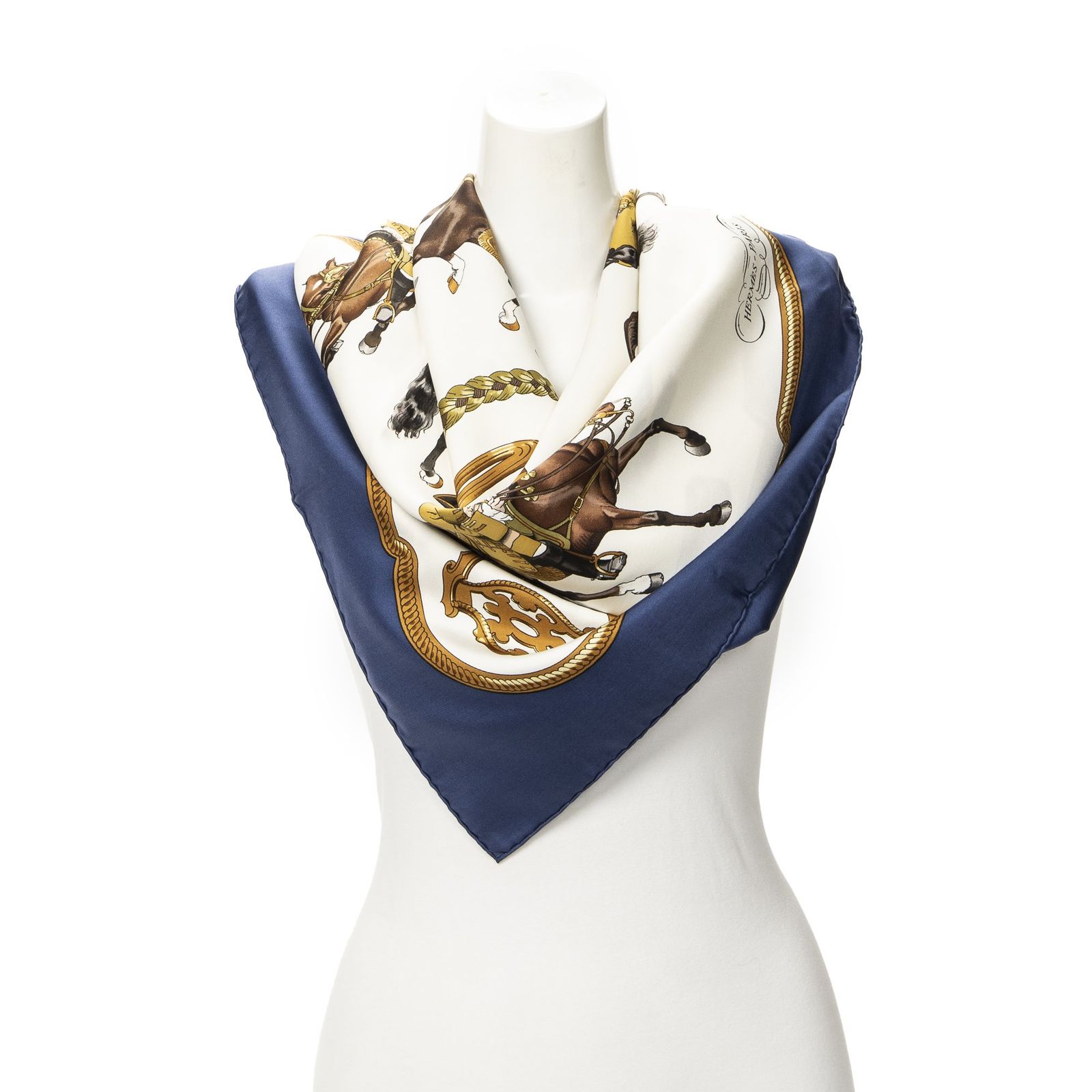 [中古] HERMES エルメススカーフネイビー、茶色、白100% ツイルシルクA