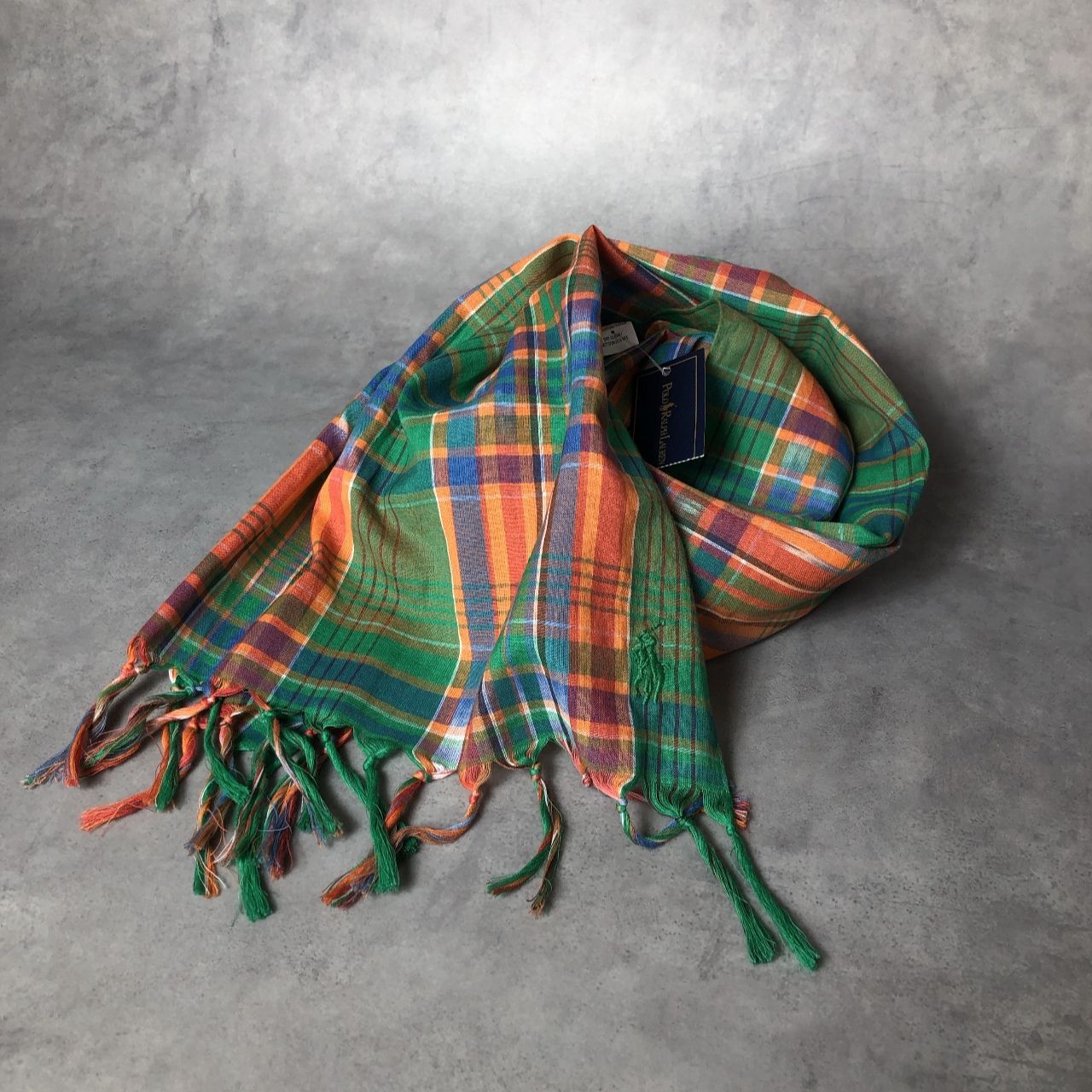PQ363◇Polo RalphLauren : チェック柄コットンストール◇グリーン系 未使用品 ハンカチみたいな生地です。