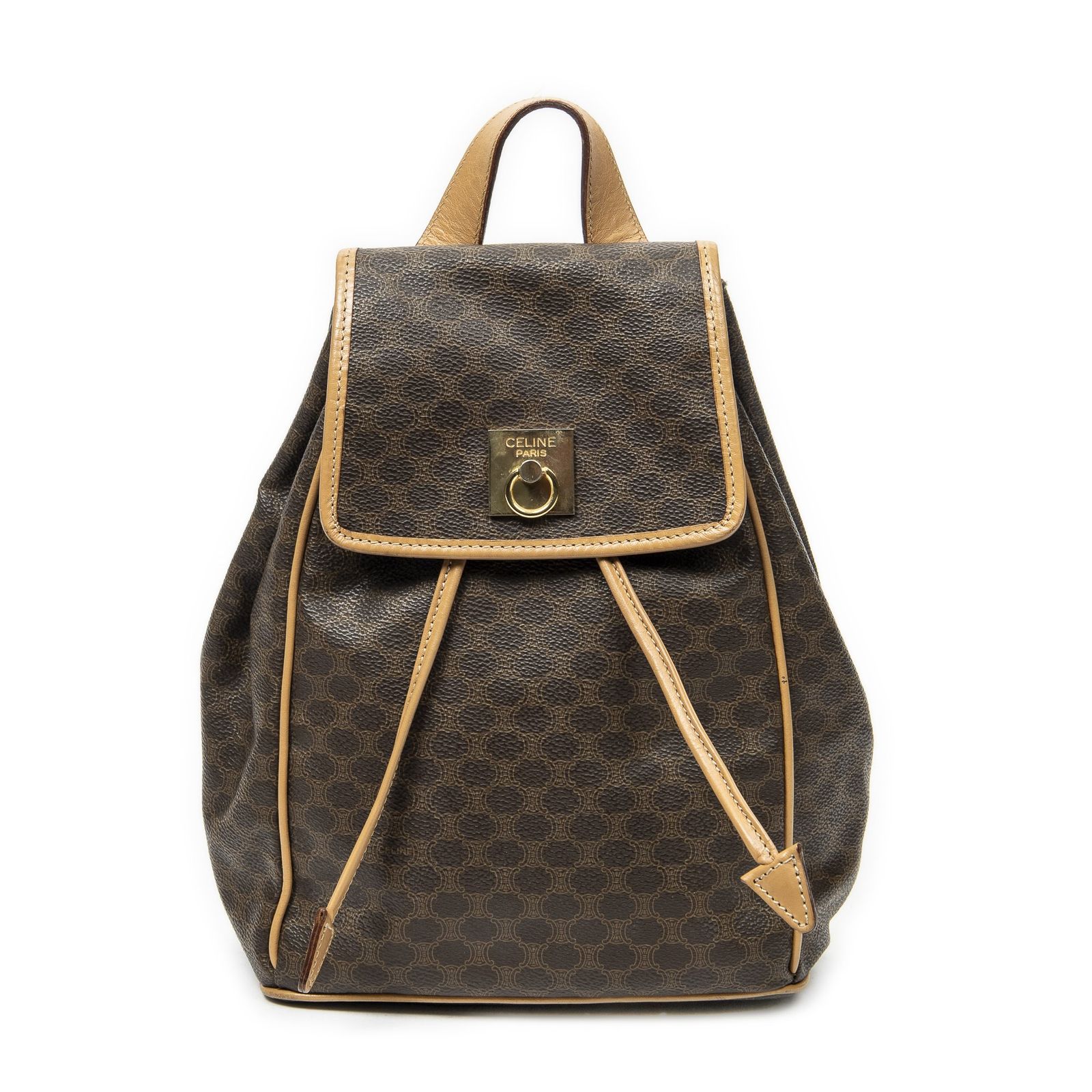[中古] CELINE セリーヌ巾着フラップ バックパックベージュ/ブラウンマカダムPVCキャンバスAB
