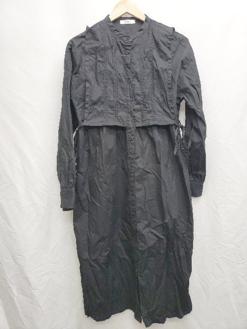◇ ap retro アプレトロ ベストレイヤード風 長袖 膝下丈 シャツワンピース サイズF ブラック レディース P 【1406180052645】