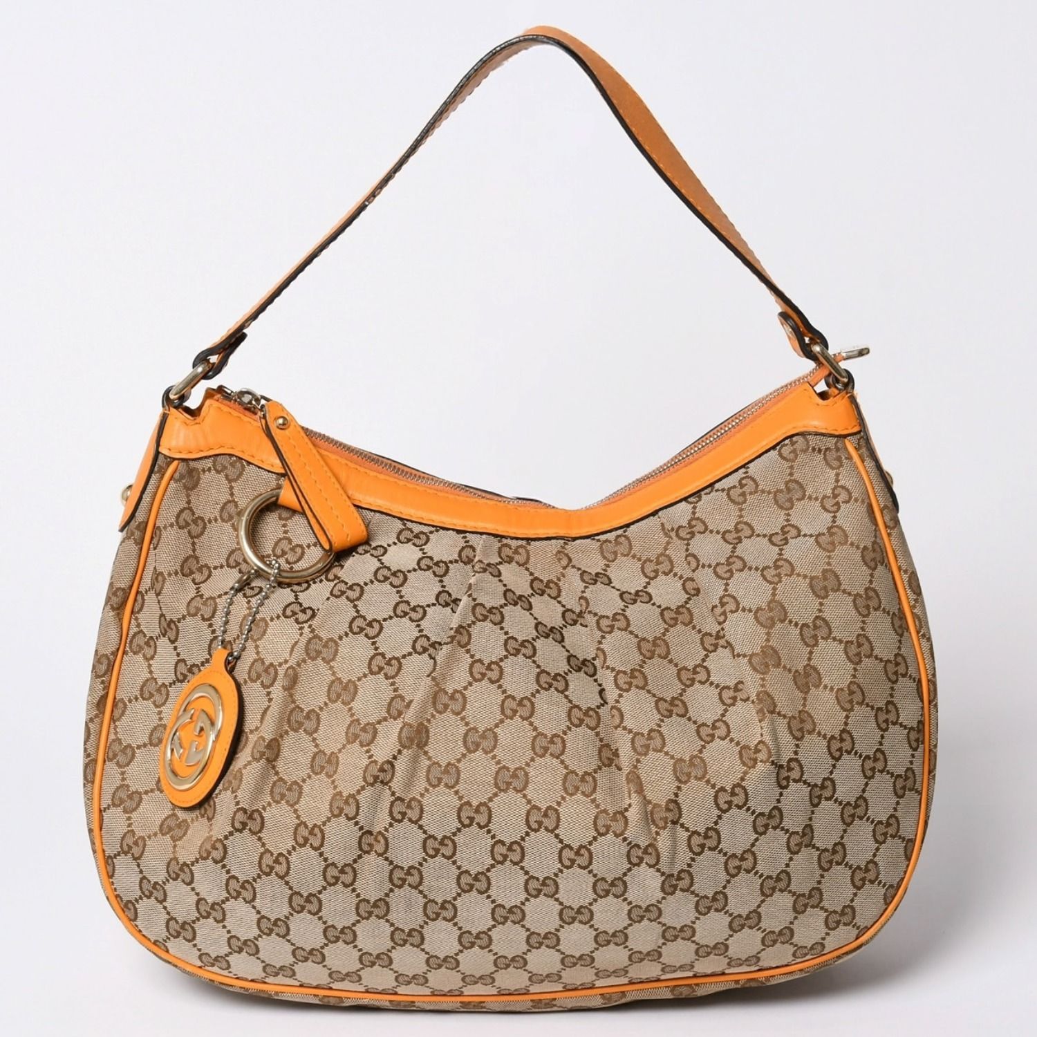 GUCCI グッチ スーキーGGキャンバスワンショルダーバッグ ベージュ オレンジ レザー ホボシェイプ シルバー金具 362726 204991 良品 中古 4a002084