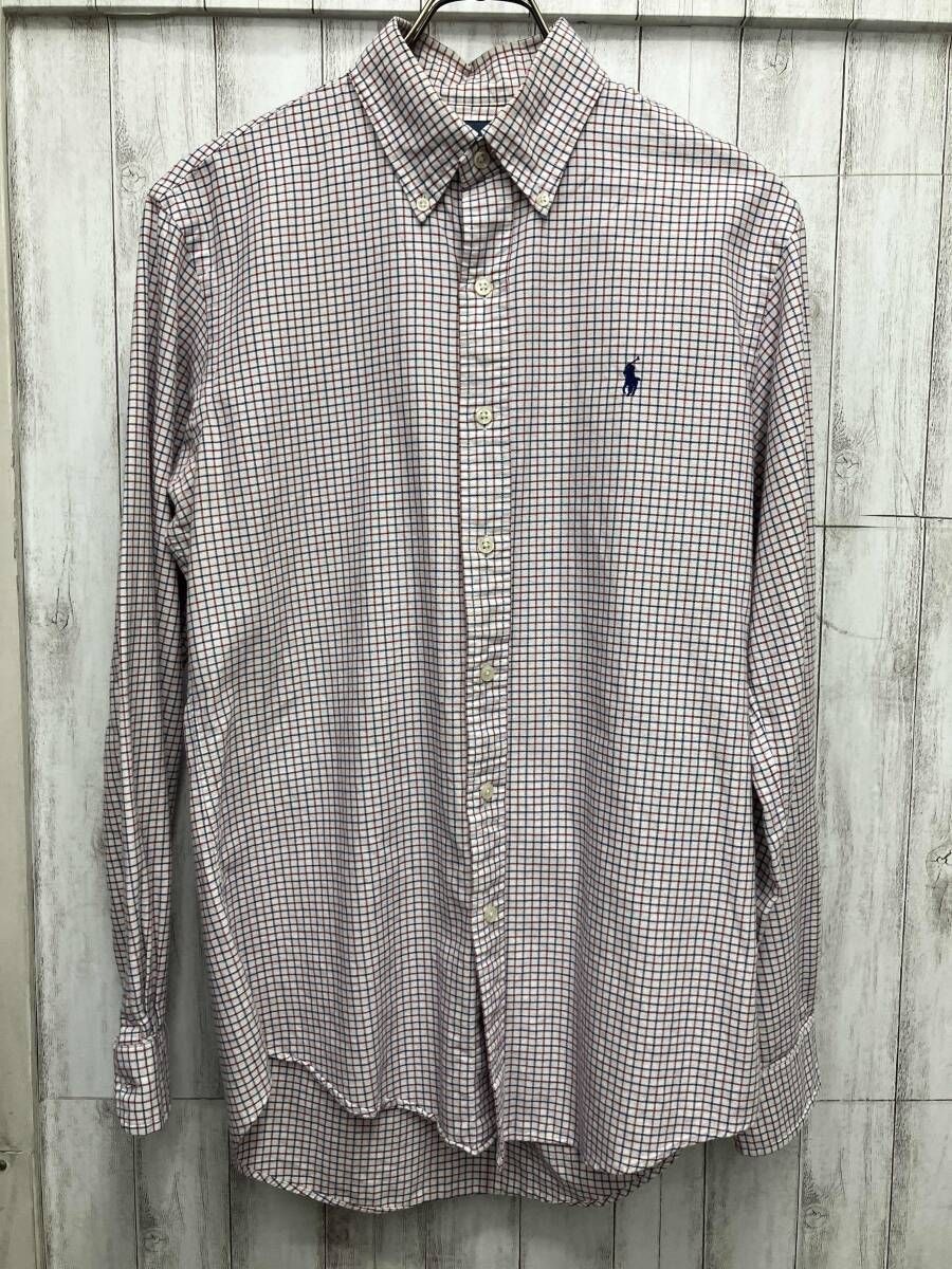 RALPH LAUREN/長神シャツ/ホワイトレッドブルーチェックシャツS 青ロゴ サイズS