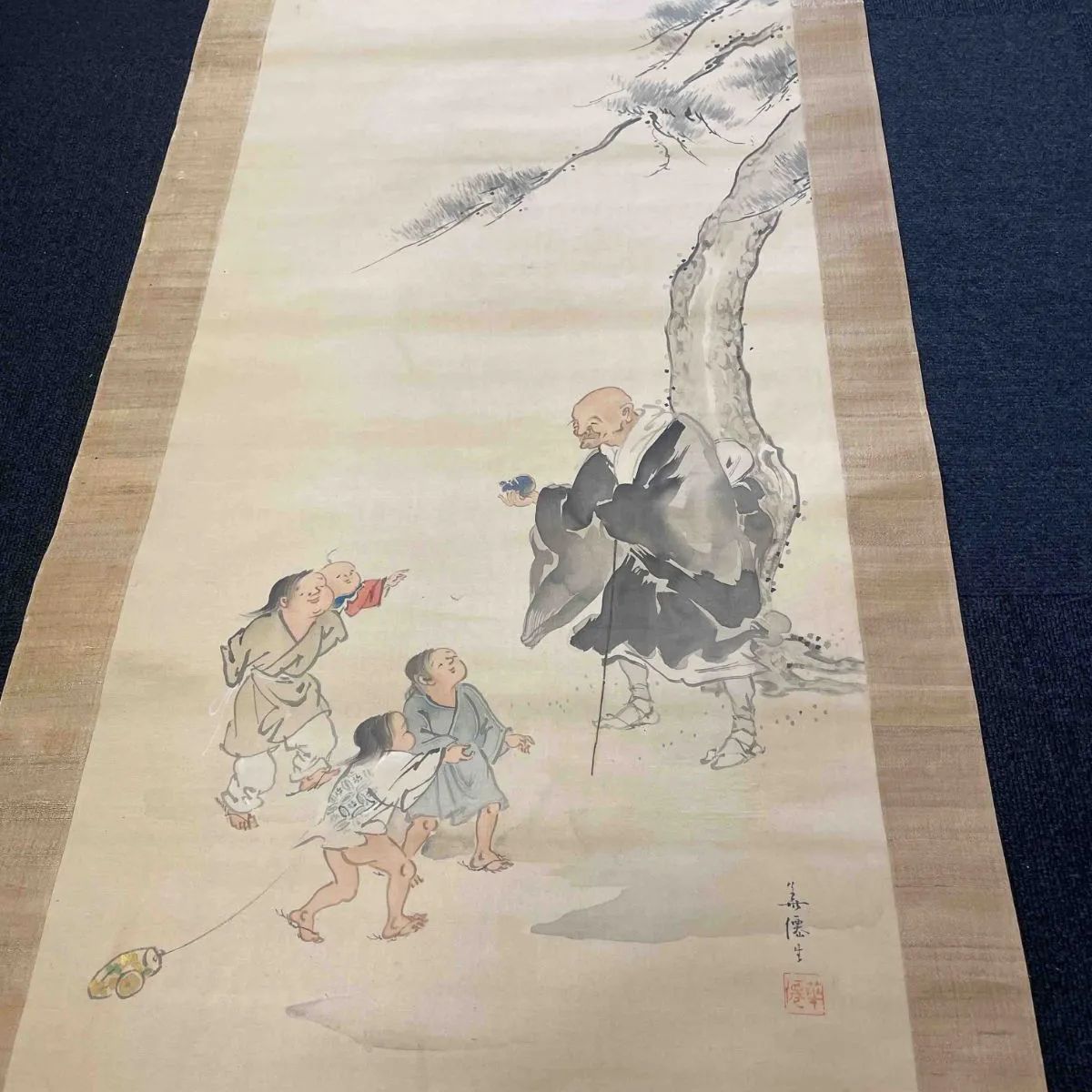 破れあり】掛軸 藤島華僊「西行法師図（西行喜猫）」日本画 落款あり 