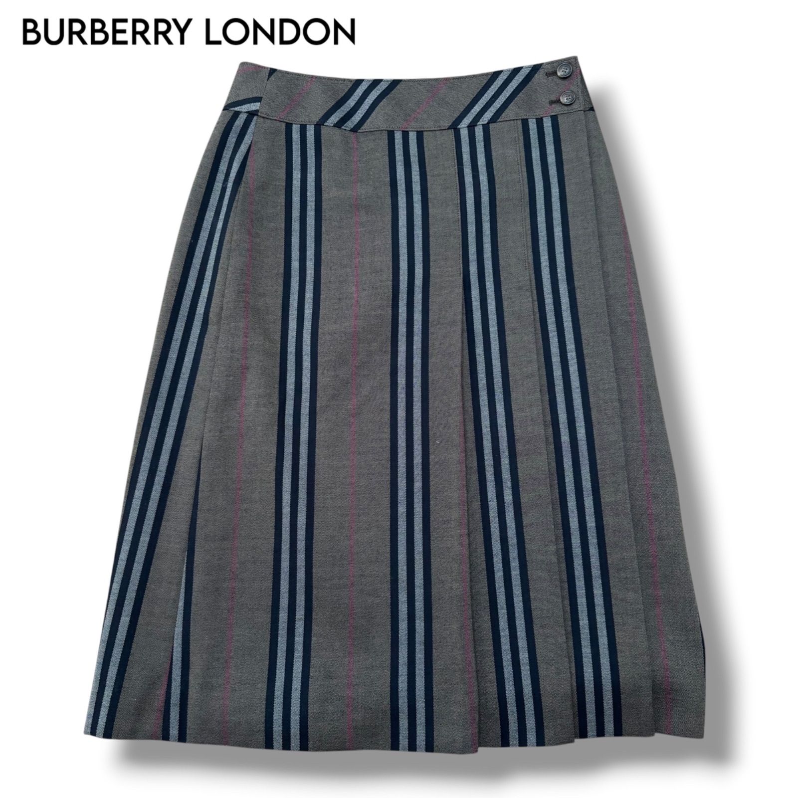 【BURBERRY LONDON】ストライプ ウールスカート ロゴ刻印ボタン グレー 38