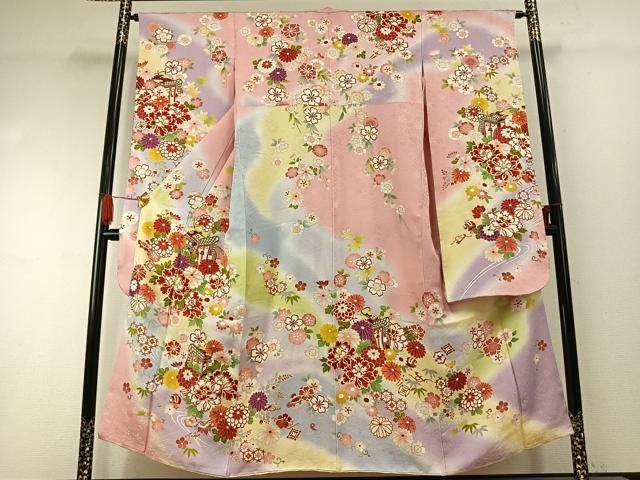 平和屋着物●豪華振袖　駒刺繍　御所車花文　暈し染め　金彩　正絹　逸品　AABI1729fy