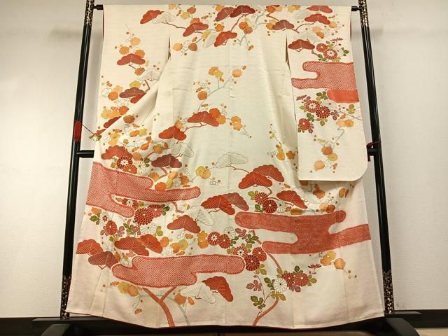 平和屋着物●豪華振袖　駒刺繍　枝梅松文　金銀彩　三越扱い　正絹　逸品　AABI1736fy