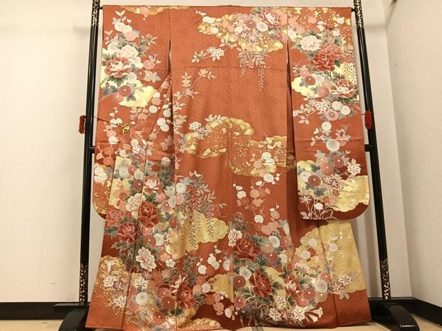 平和屋着物●豪華振袖　駒刺繍　枝花文　金彩　正絹　逸品　AABI6313ph