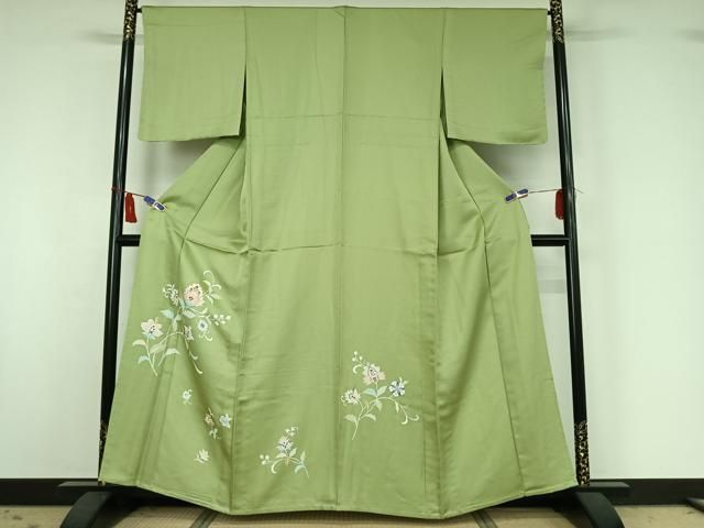 平和屋着物▽訪問着　単衣　更紗花文　金銀彩　正絹　逸品　AABI7019jh