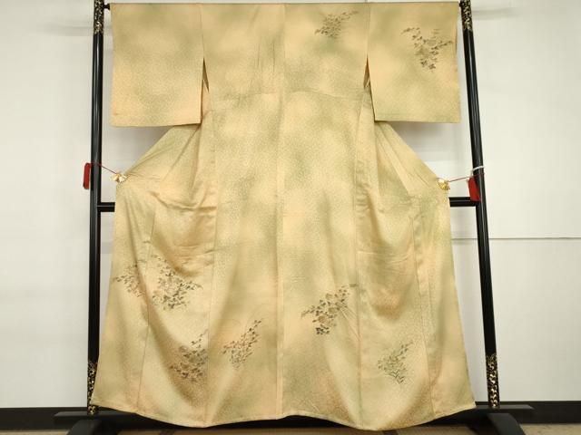 平和屋着物▽訪問着　単衣　手描き　刺繍　枝花文　暈し染め　正絹　逸品　AABI7205cs